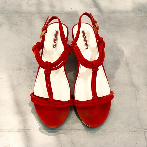 Prada 2000’s Red Suede & Cork, Platform Sandals - Picture 1 of 6